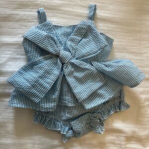 Blue & White Seersucker Bow Front Baby Set